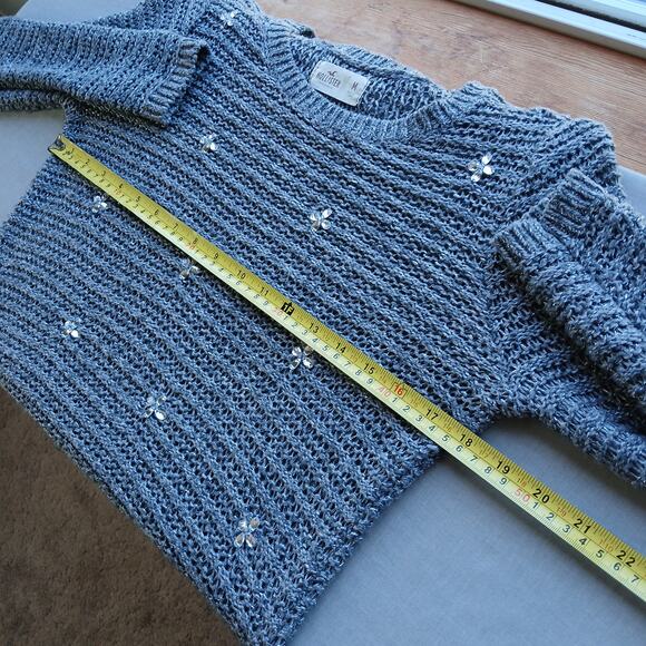 Hollister Grey Sparkle Knit Sweater Medium repaired bejeweled silver lightweight - Picture 11 of 16